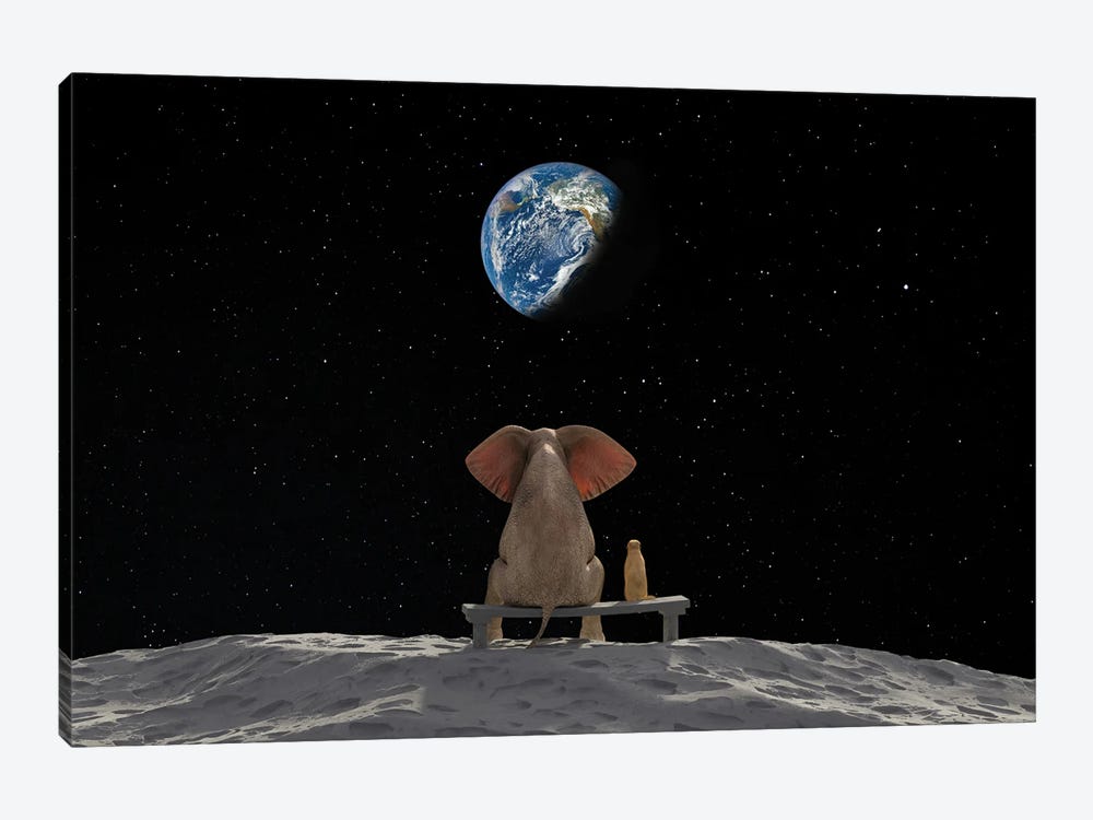 Elephant And Dog Sit On The Moon by Mike Kiev 1-piece Canvas Art Print