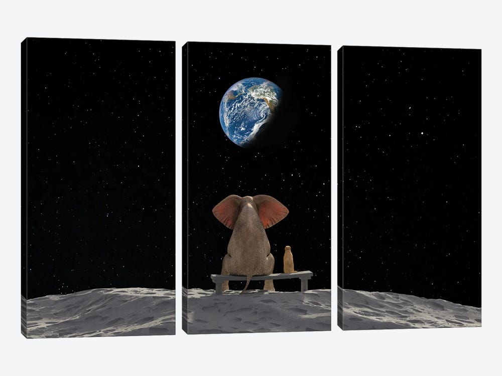 Elephant And Dog Sit On The Moon by Mike Kiev 3-piece Canvas Print