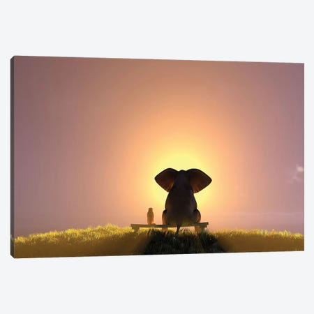Elephant And Dog Sit On A Bench And Watch A Foggy Sunrise Canvas Print #MII31} by Mike Kiev Canvas Artwork