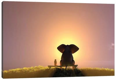 Elephant And Dog Sit On A Bench And Watch A Foggy Sunrise Canvas Art Print - Mike Kiev