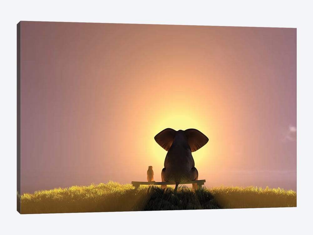 Elephant And Dog Sit On A Bench And Watch A Foggy Sunrise by Mike Kiev 1-piece Canvas Art