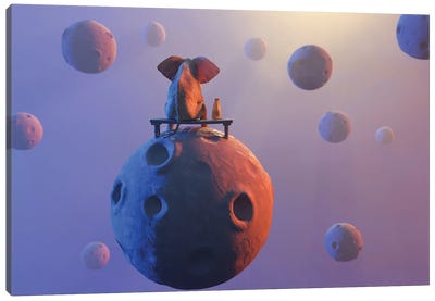 Elephant And Dog Sit On Small Planet Canvas Art Print - Mike Kiev
