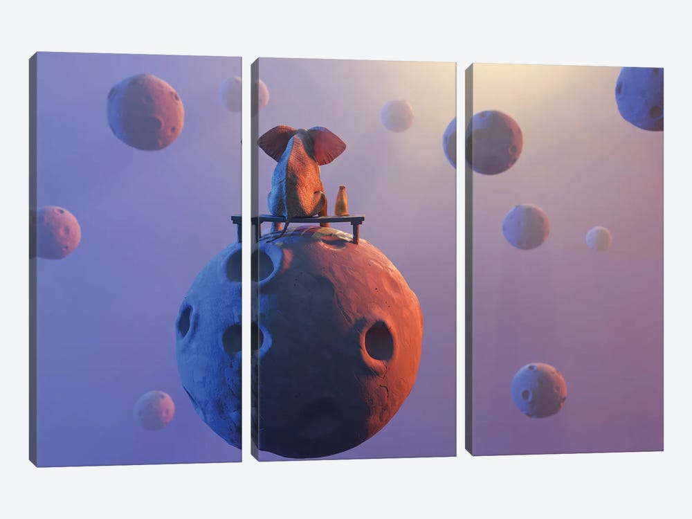 Elephant And Dog Sit On Small Planet by Mike Kiev 3-piece Canvas Artwork