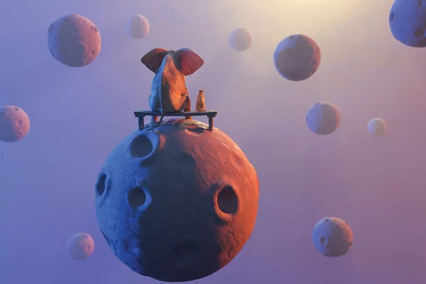 Mike Kiev: Elephant And Dog Sit On Small Planet by Mike Kiev