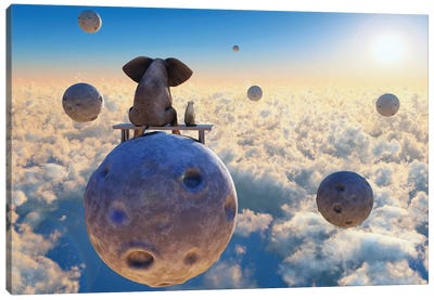 Elephant And Dog Flying On A Small Planet Canvas Art Print - Mike Kiev