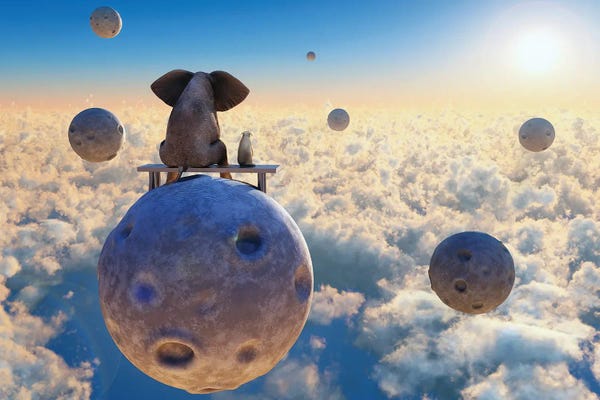 Mike Kiev: Elephant And Dog Flying On A Small Planet by Mike Kiev