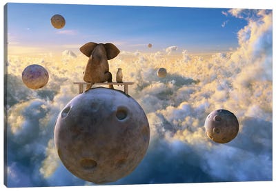 Elephant And Dog Flying On A Small Planet II Canvas Art Print - Mike Kiev