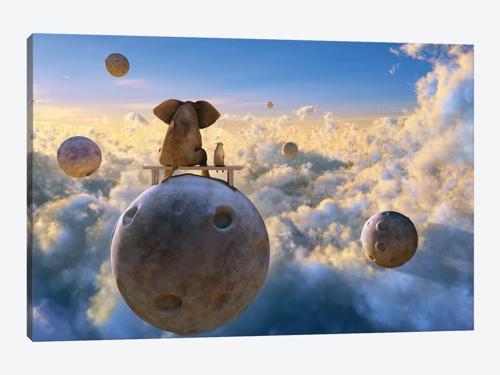Elephant And Dog Flying On A Small Planet II by Mike Kiev 1-piece Canvas Wall Art