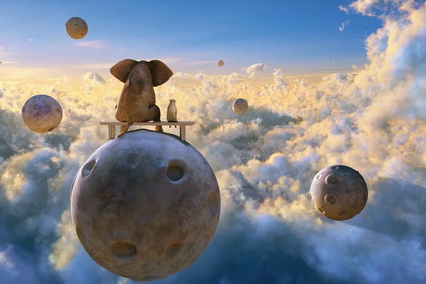 Mike Kiev: Elephant And Dog Flying On A Small Planet II by Mike Kiev