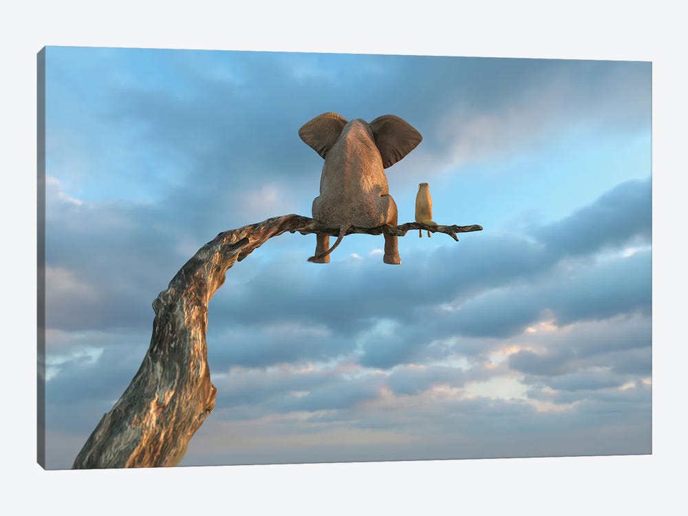 Elephant And Dog Sit On A Tree Branch by Mike Kiev 1-piece Canvas Print