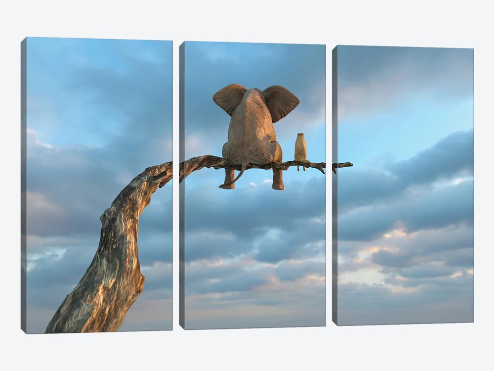 Elephant And Dog Sit On A Tree Branch by Mike Kiev 3-piece Art Print