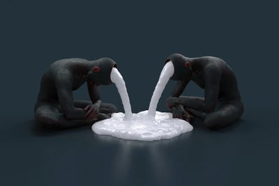 Two People Pour Liquid From Heads by Mike Kiev multi panel art