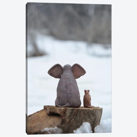 Elephant And Dog Sitting On A Stump In Winter Canvas Print #MII327} by Mike Kiev Canvas Artwork