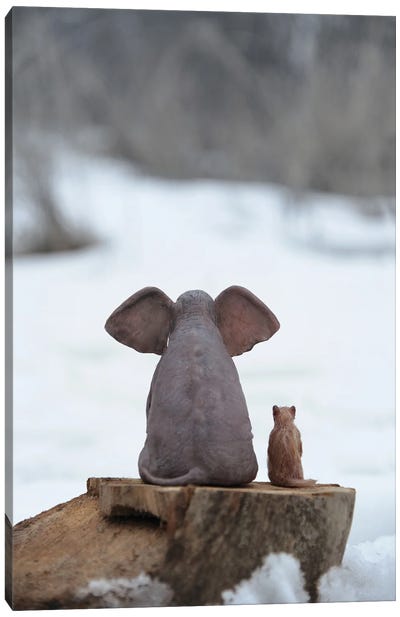 Elephant And Dog Sitting On A Stump In Winter Canvas Art Print - Mike Kiev