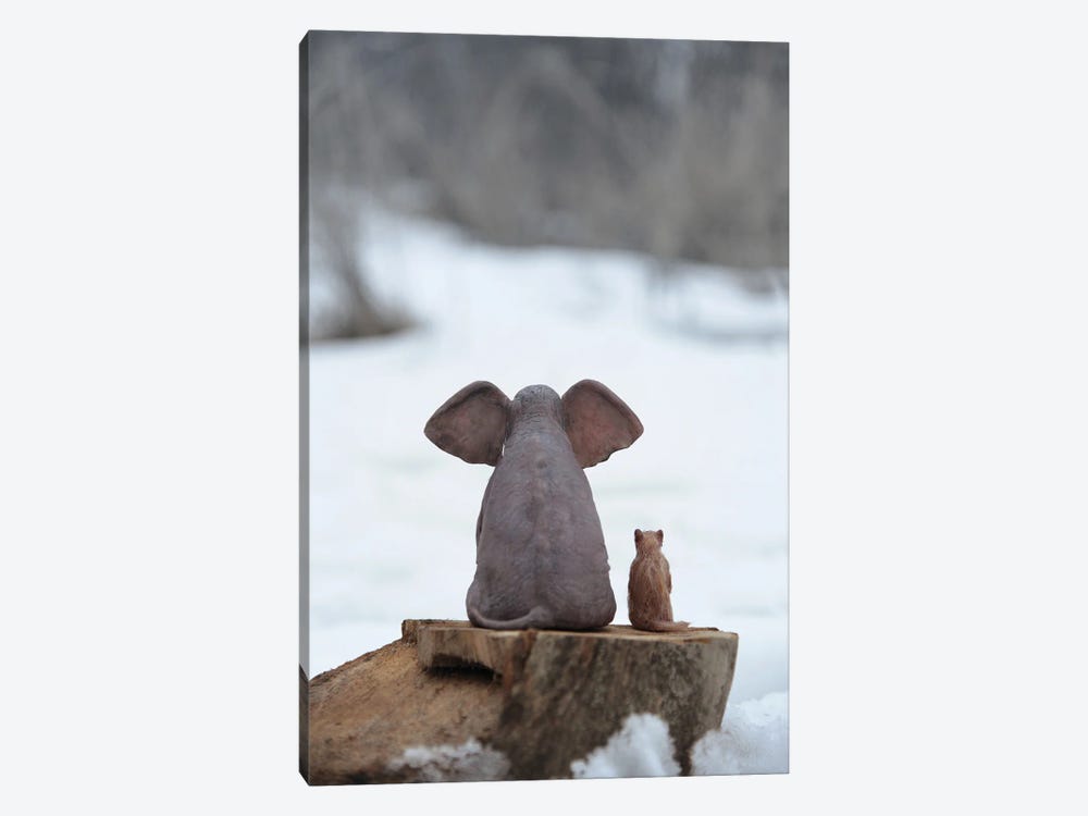 Elephant And Dog Sitting On A Stump In Winter by Mike Kiev 1-piece Canvas Art Print
