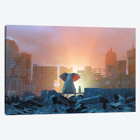 Elephant And Dog Watch The Sunrise In A Ruined City Canvas Print #MII328} by Mike Kiev Canvas Art Print