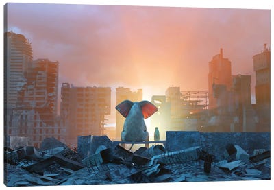Elephant And Dog Watch The Sunrise In A Ruined City Canvas Art Print - Elephant Art