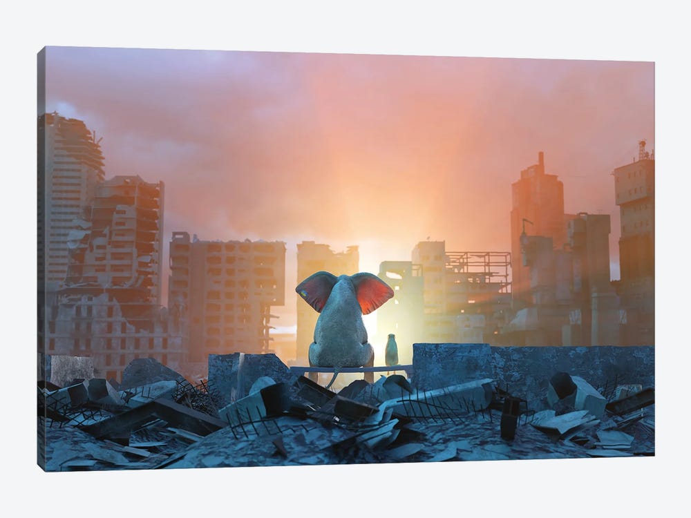 Elephant And Dog Watch The Sunrise In A Ruined City by Mike Kiev 1-piece Canvas Artwork
