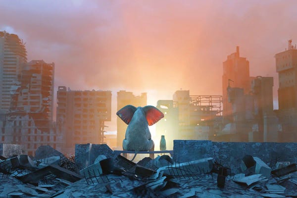 Mike Kiev: Elephant And Dog Watch The Sunrise In A Ruined City by Mike Kiev