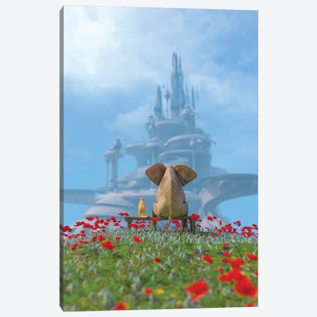 Elephant And Dog Look At The Utopian City Canvas Print #MII329} by Mike Kiev Canvas Print