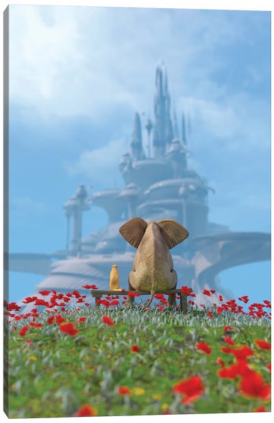Elephant And Dog Look At The Utopian City Canvas Art Print - Mike Kiev