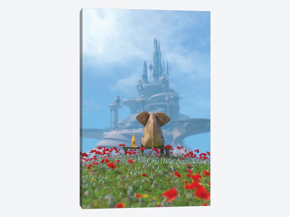 Elephant And Dog Look At The Utopian City by Mike Kiev 1-piece Art Print