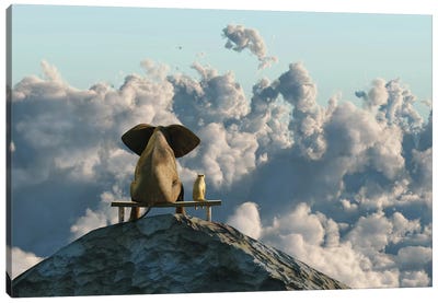 Elephant And Dog Sit On A Mountain Top Canvas Art Print - Mike Kiev