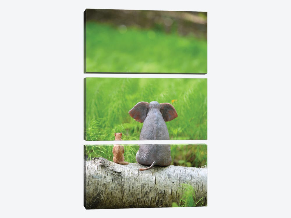 Elephant And Dog Sit On A Green Meadow by Mike Kiev 3-piece Art Print