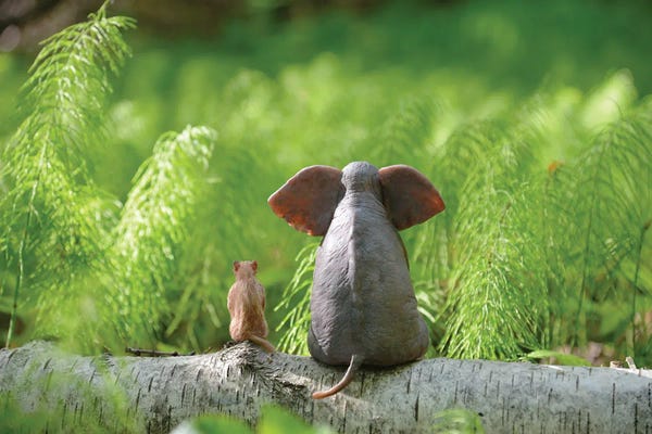 Mike Kiev: Elephant And Dog Sit On A Green Meadow II by Mike Kiev