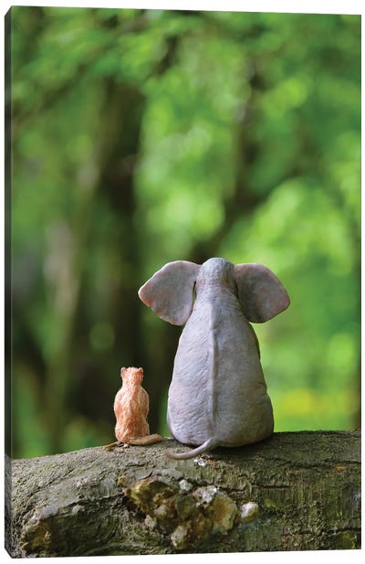 Elephant And Dog Sitting In The Forest Canvas Art Print - Animal & Pet Photography