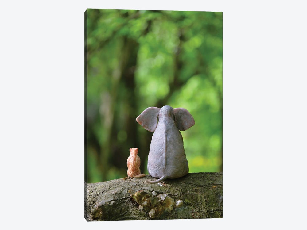 Elephant And Dog Sitting In The Forest by Mike Kiev 1-piece Canvas Print