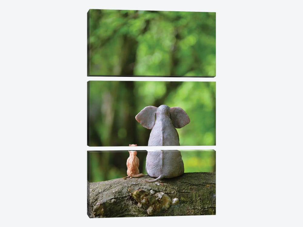 Elephant And Dog Sitting In The Forest by Mike Kiev 3-piece Art Print