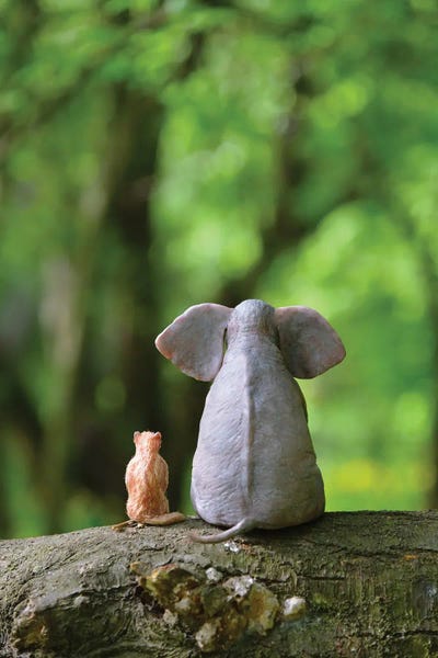 Mike Kiev: Elephant And Dog Sitting In The Forest by Mike Kiev