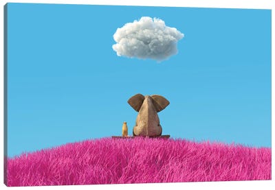 Elephant And Dog Sitting On A Pink Field Canvas Art Print - Mike Kiev
