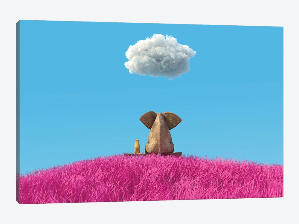 Elephant And Dog Sitting On A Pink Field by Mike Kiev 1-piece Canvas Wall Art