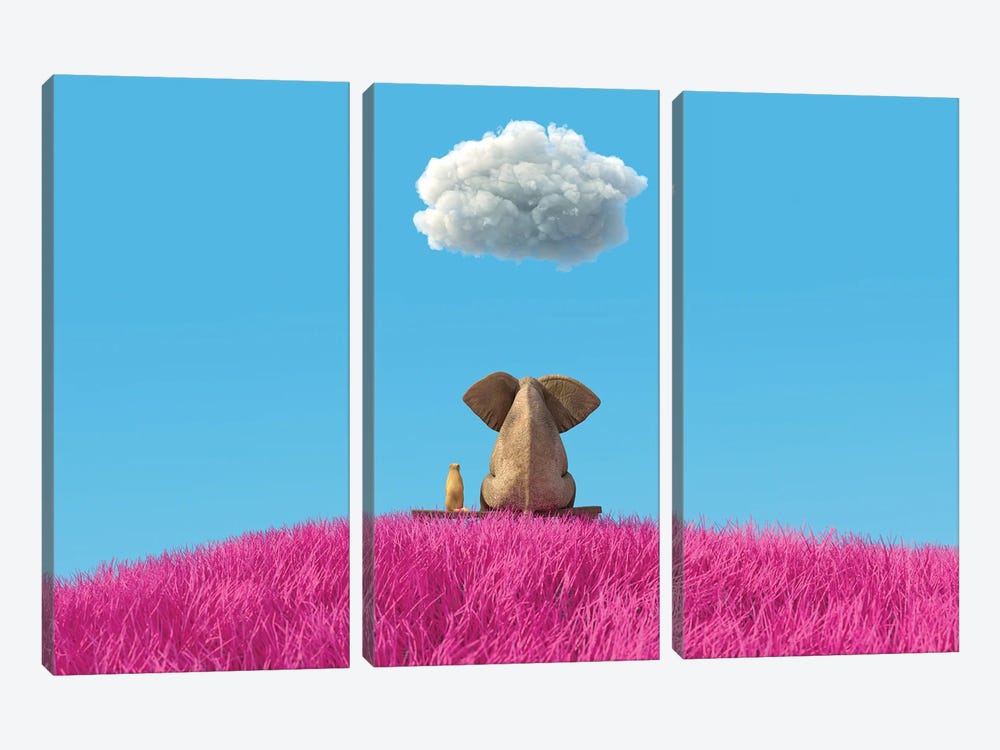 Elephant And Dog Sitting On A Pink Field by Mike Kiev 3-piece Canvas Artwork