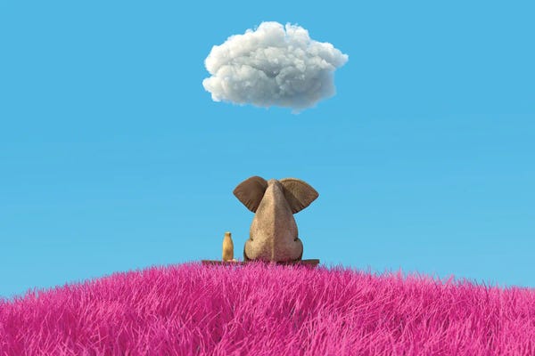 Mike Kiev: Elephant And Dog Sitting On A Pink Field by Mike Kiev