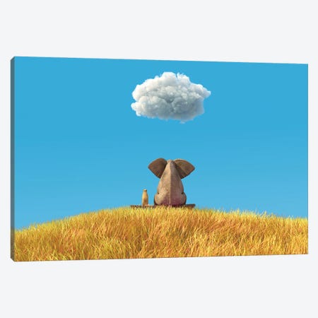 Elephant And Dog Sitting On A Yellow Field Canvas Print #MII334} by Mike Kiev Canvas Art Print