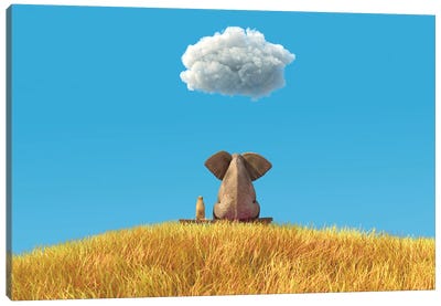 Elephant And Dog Sitting On A Yellow Field Canvas Art Print - Mike Kiev