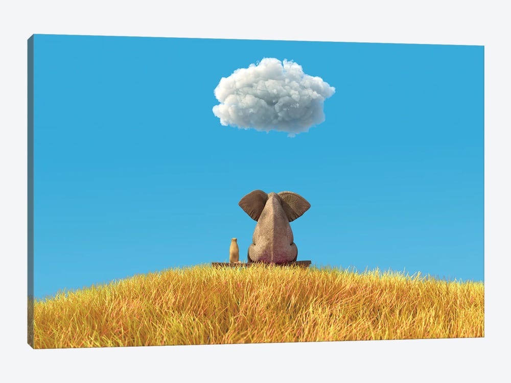 Elephant And Dog Sitting On A Yellow Field by Mike Kiev 1-piece Art Print
