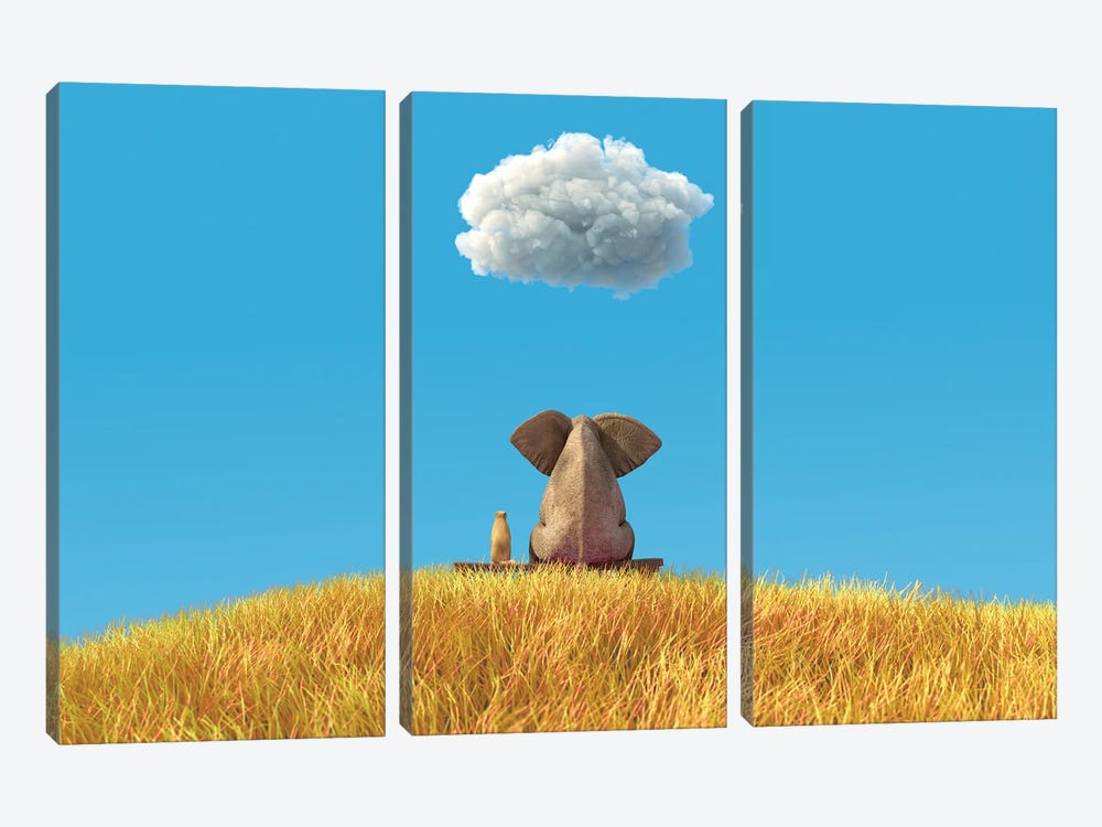 Elephant And Dog Sitting On A Yellow Field by Mike Kiev 3-piece Canvas Art Print