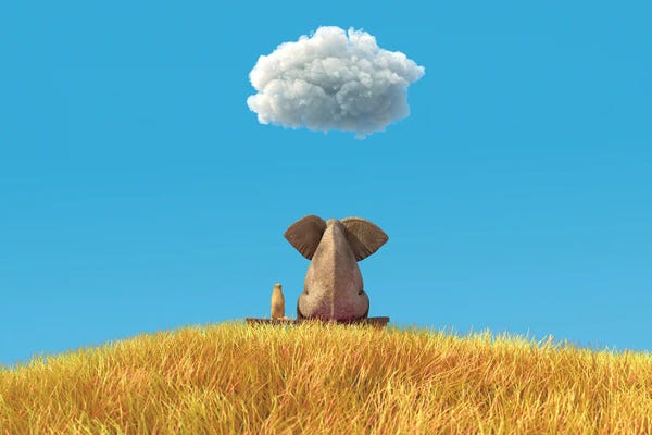 Mike Kiev: Elephant And Dog Sitting On A Yellow Field by Mike Kiev
