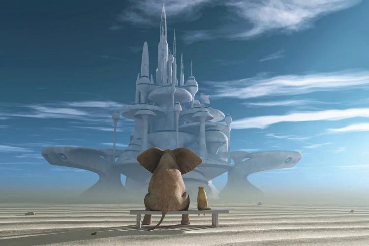 Elephant And Dog Sit In The Desert And Look At The Futuristic City