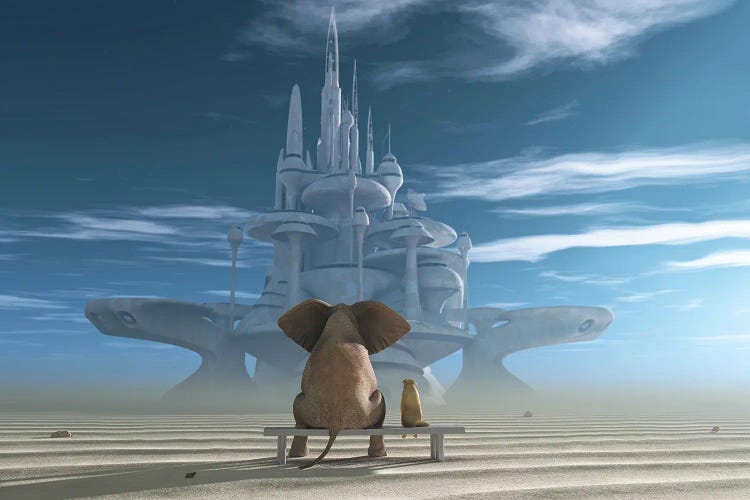Elephant And Dog Sit In The Desert And Look At The Futuristic City by Mike Kiev wall art