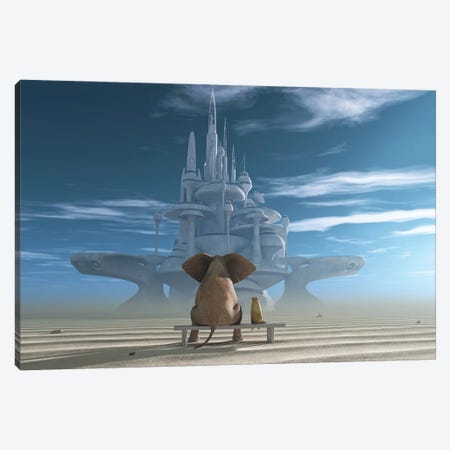 Elephant And Dog Sit In The Desert And Look At The Futuristic City Canvas Print #MII335} by Mike Kiev Canvas Print