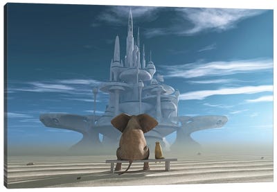Elephant And Dog Sit In The Desert And Look At The Futuristic City Canvas Art Print - Mike Kiev