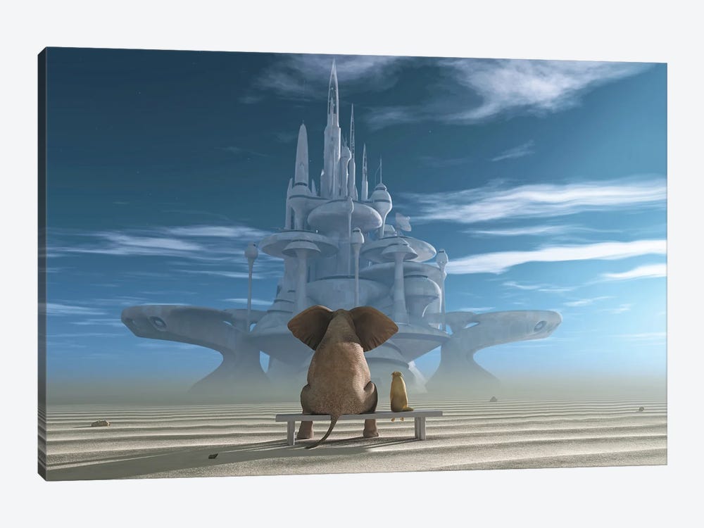 Elephant And Dog Sit In The Desert And Look At The Futuristic City by Mike Kiev 1-piece Canvas Artwork