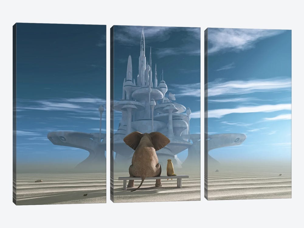 Elephant And Dog Sit In The Desert And Look At The Futuristic City by Mike Kiev 3-piece Canvas Artwork