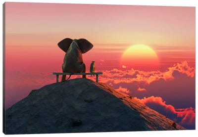 Elephant And Dog Sit On A Mountain Top At Sunset Canvas Art Print - Sunrise & Sunset Art