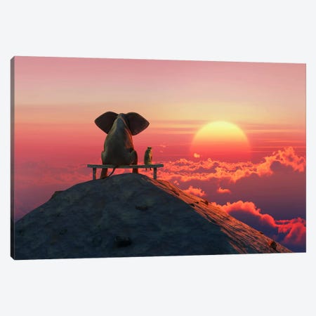 Elephant And Dog Sit On A Mountain Top At Sunset Canvas Print #MII33} by Mike Kiev Canvas Wall Art